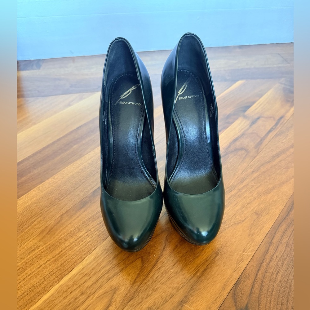 Brian Atwood Biffontanne Dark Green Leather Platform Pumps Size 6 Designer Heels
